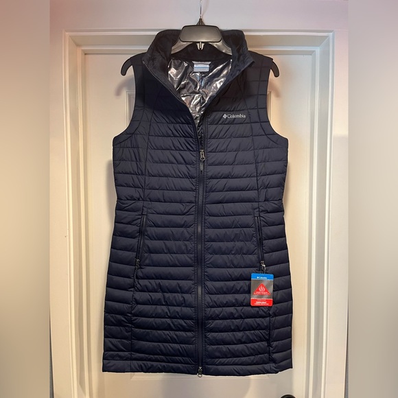 Columbia Womens White Out Long Vest Medium Blue Puffer Full Zip